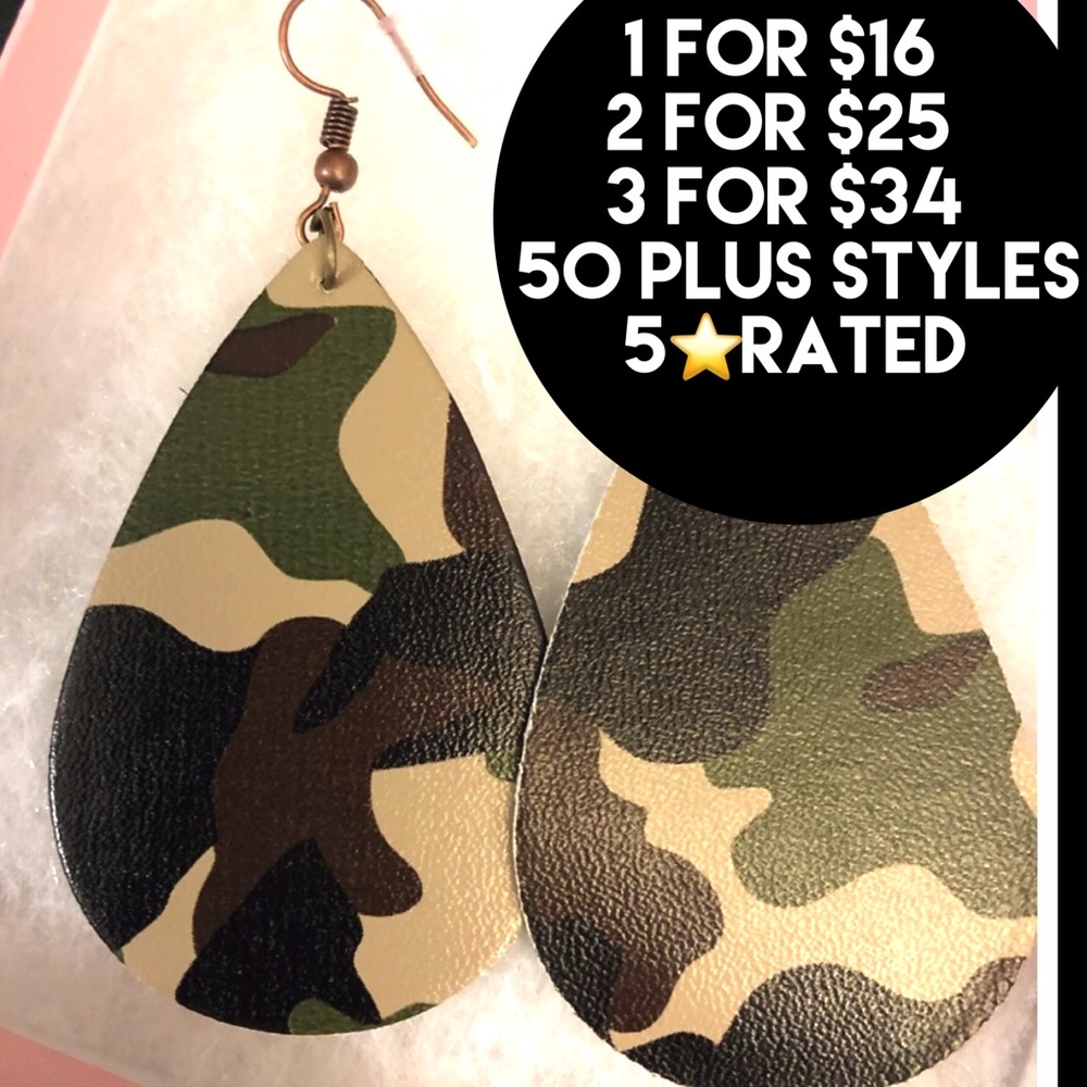 NEW FAUX LEATHER CAMOUFLAGE TEARDROP EARRINGS